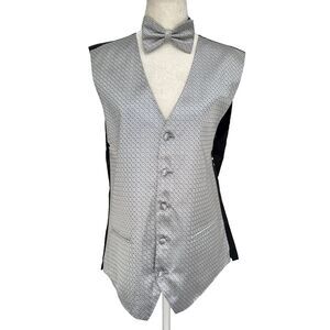 Nicole Miller New York Men's Vest & Bow Tie Set Size M - Silver Geometric Silk